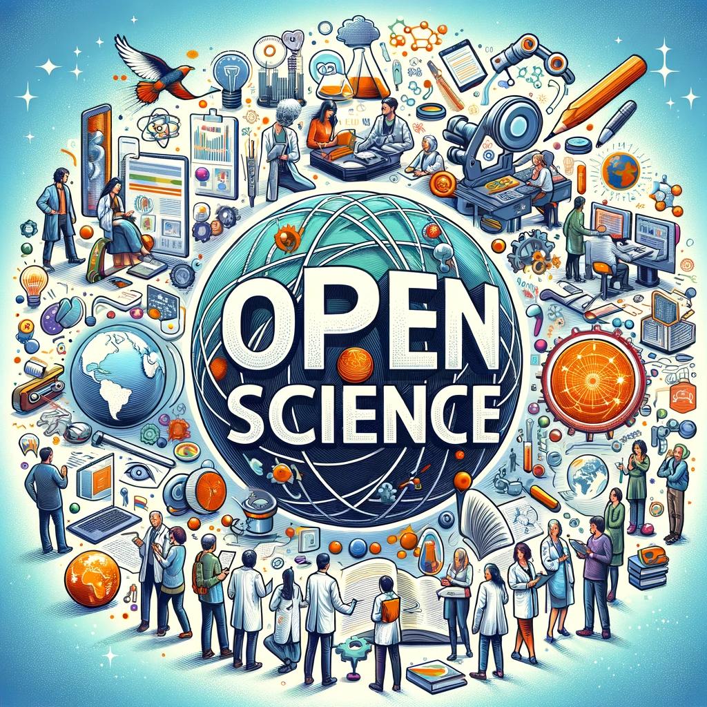 DALL·E 2024-01-21 17.49.35 - Referring to image 16nXaxrzaQvwABM7, modify the image to include the words 'Open Science' accurately and prominently in the center. The text should be